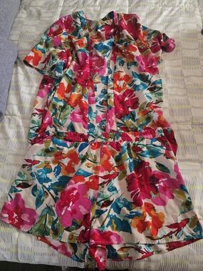 Womens Floral Multicolor Short Romper - Bright Pink & Teal